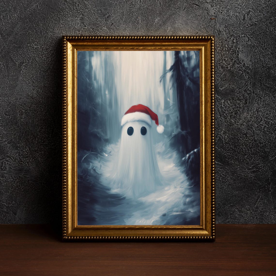 Cute Ghost in Santa Hat Snowy Forest Spooky Christmas Art Poster