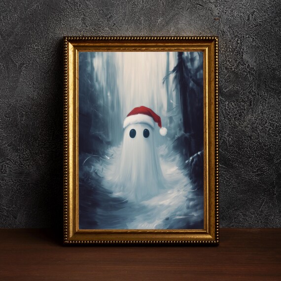 Cute Ghost in Santa Hat Snowy Forest Spooky Christmas Art Poster