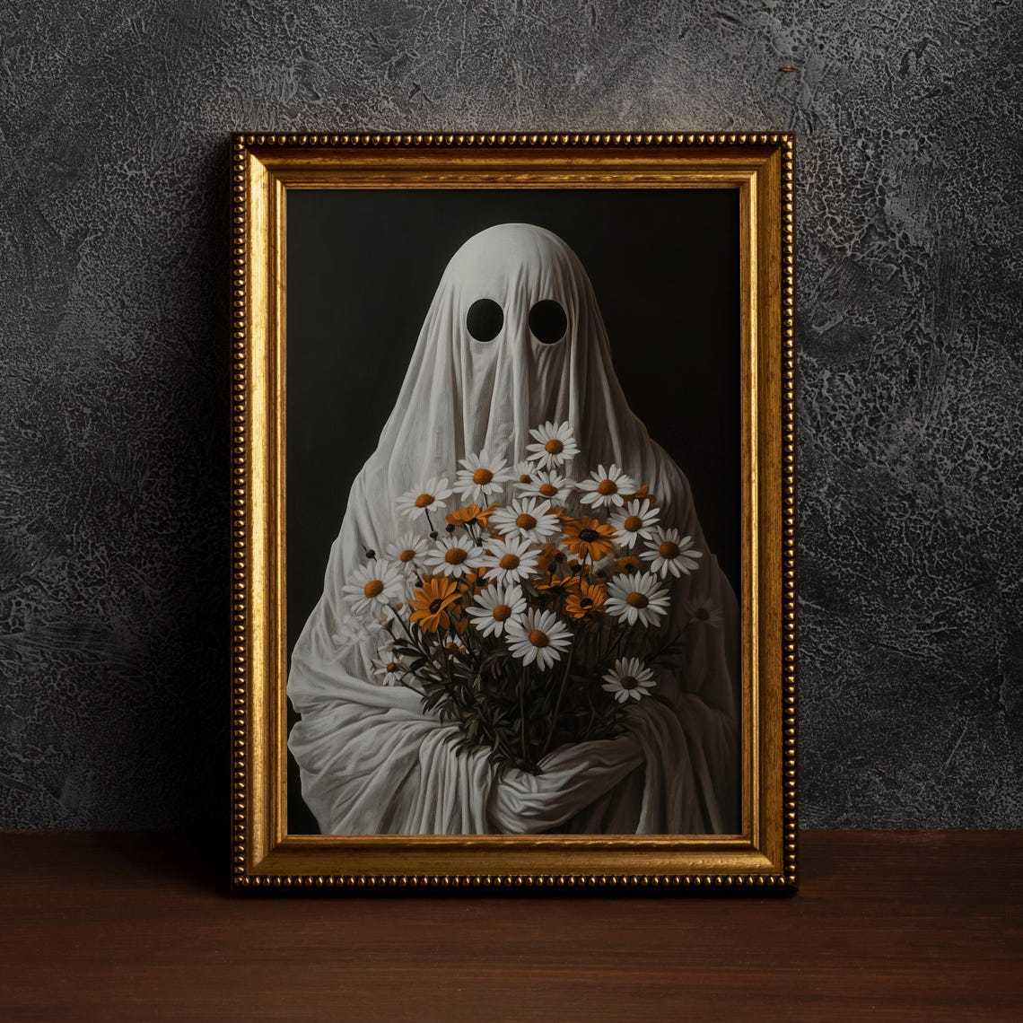 Gentle Ghost Holding a Bouquet of Daisies Autumn Halloween Poster
