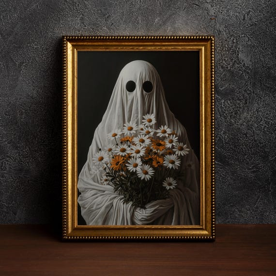The With Daisyfloral Halloween Wall Art Floral Portrait Whimsical Ghosthaunted Housescary Horror Artsingle Poster