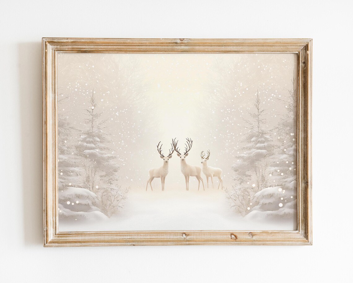 White Deer Winter Scene Poster Print