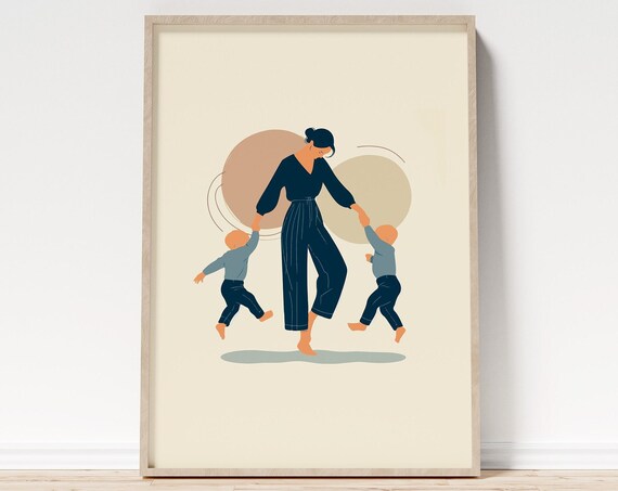 Mother And Toddlers Dancing Minimalist Art Print