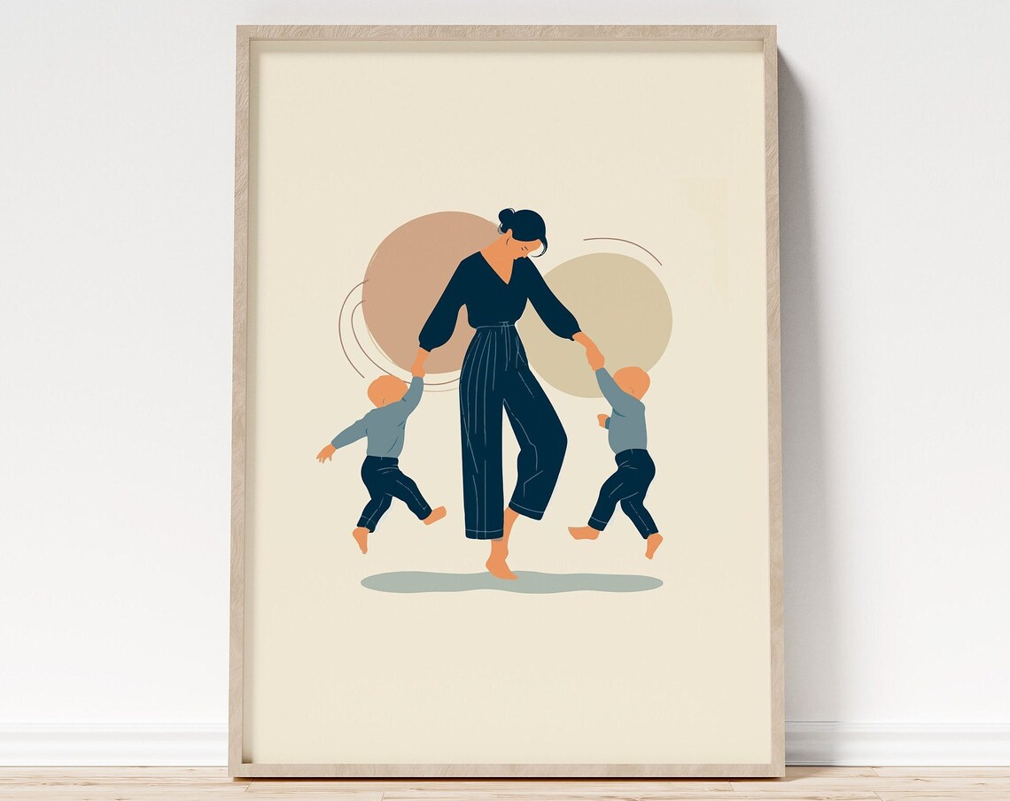 Mother And Toddlers Dancing Minimalist Art Print