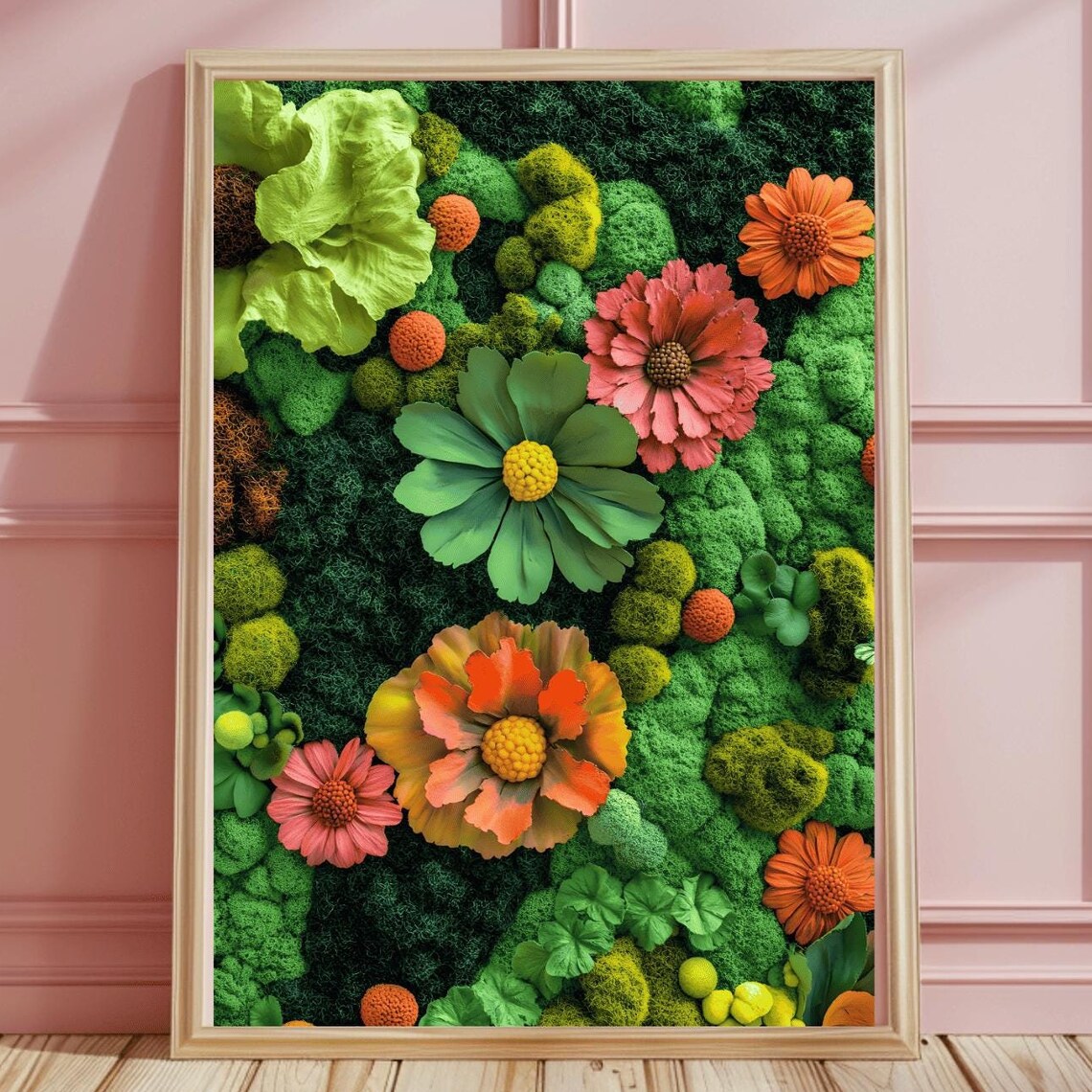 Colorful Blossom Meadow Over Lush Green Moss Botanical Poster