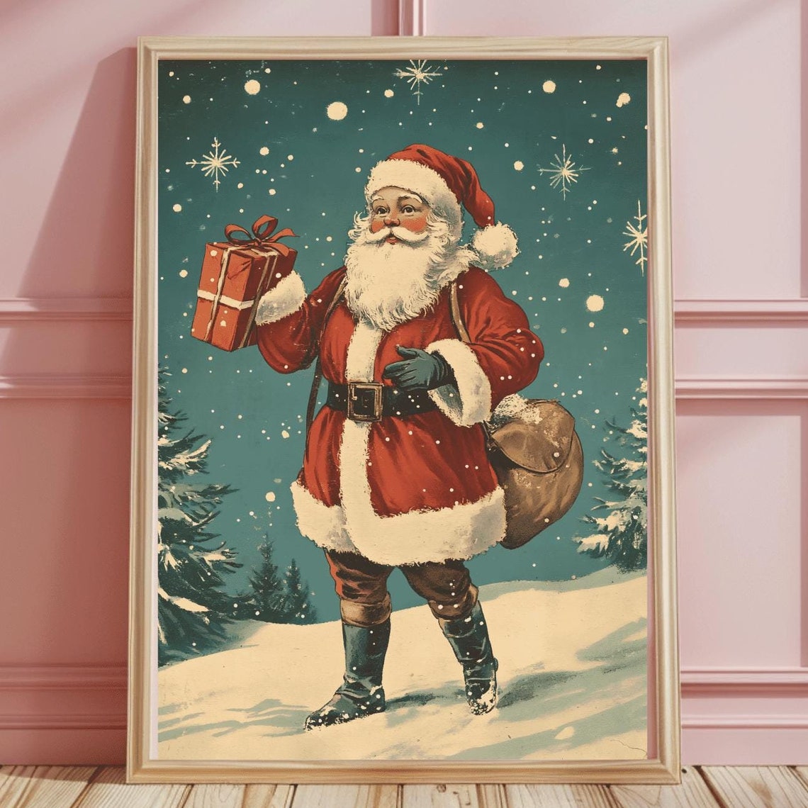 Vintage Santa Holding a Gift under a Starry Snowy Teal Night Art Print