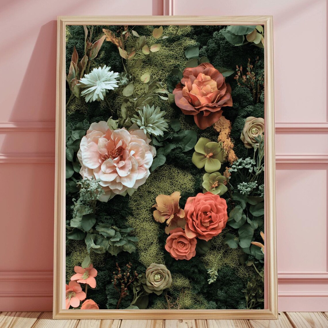 Dense Coral and Blush Floral Arrangement on Dark Moss Wall Poster