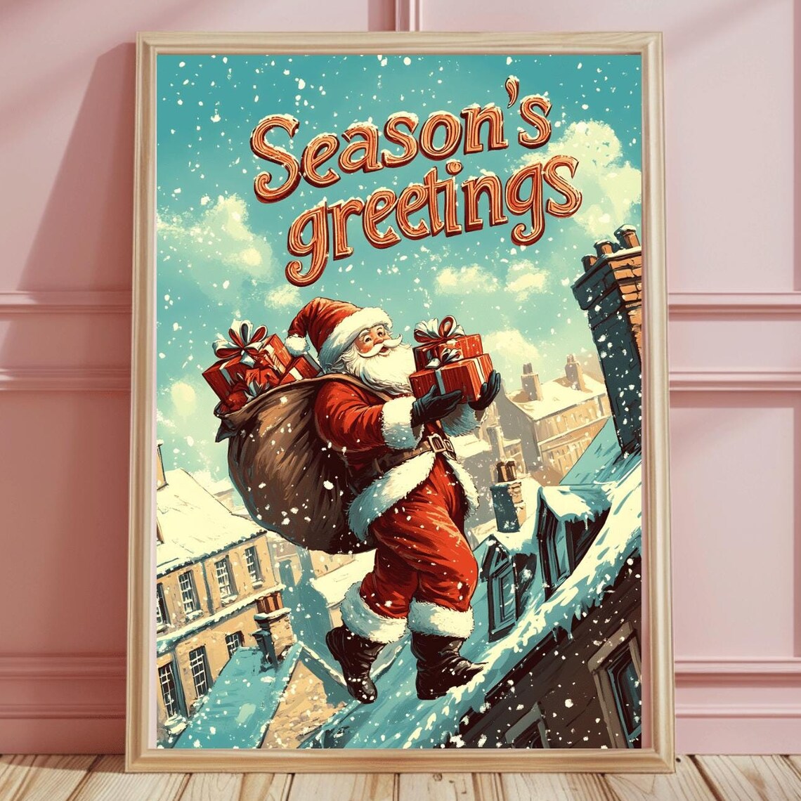 Vintage Santa Rooftop Retro Typography Season's Gretings Poster