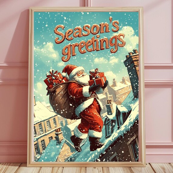 Vintage Santa Rooftop Retro Typography Season's Gretings Poster