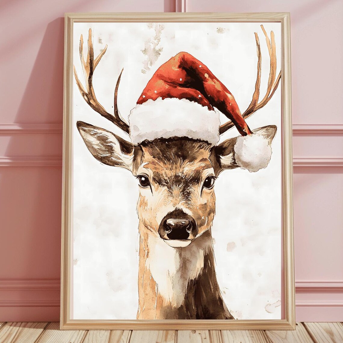Watercolor Deer In Santa Hat Rustic Christmas Portrait Poster