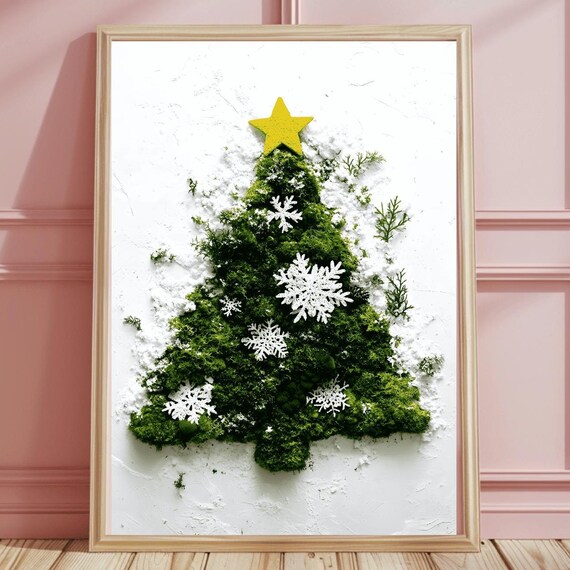 Snow Dusted Moss Christmas Tree Paper Snowflakes Gold Star Poster