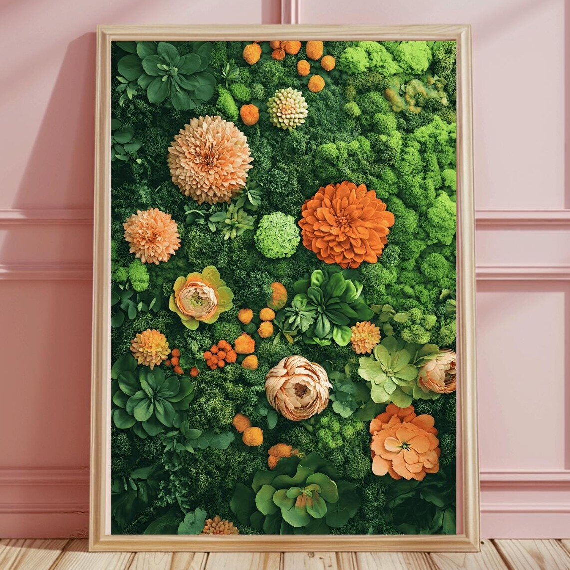 Peach Dahlia Pompoms and Succulents in Green Moss Botanical Poster