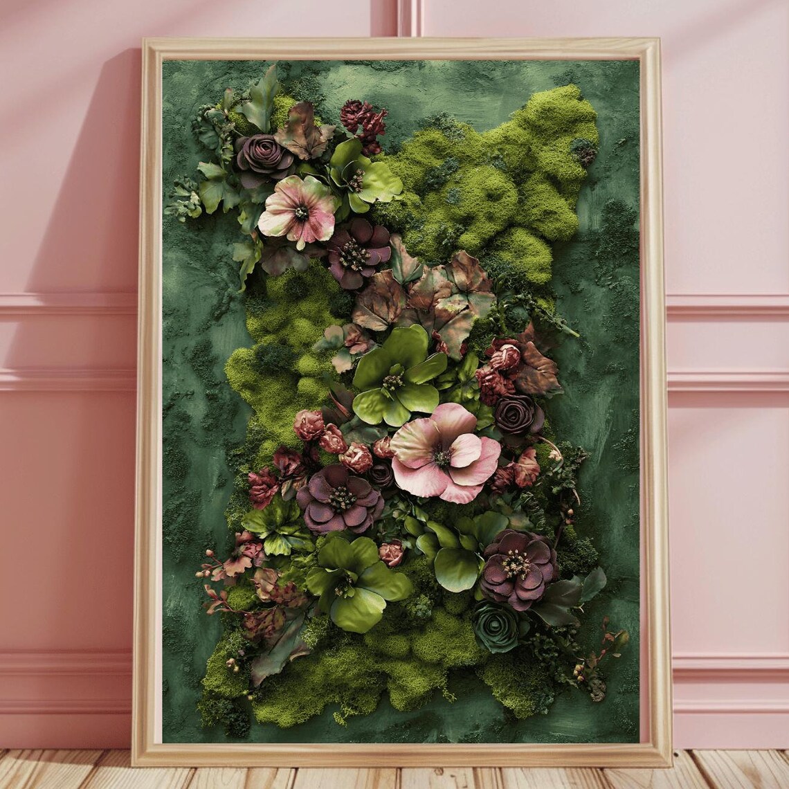 Pink and Plum Blossoms on Green Moss Moody Floral Wall Poster
