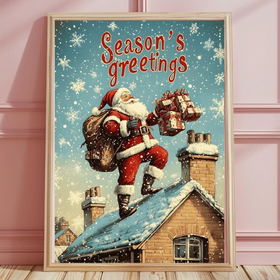 Vintage Santa Scaling a Snowy Brick Rooftop with Gifts Season's Poster