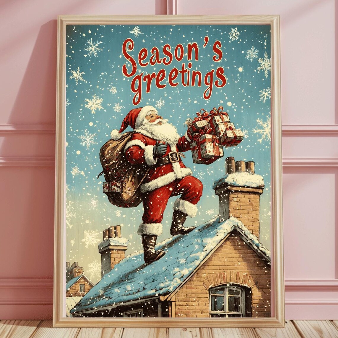 Vintage Santa Scaling a Snowy Brick Rooftop with Gifts Season's Poster