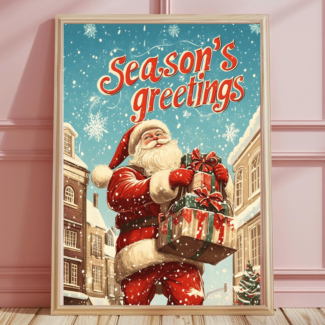 Classic Vintage Santa Climbing a Snowy Rooftop Season's Greetings Poster