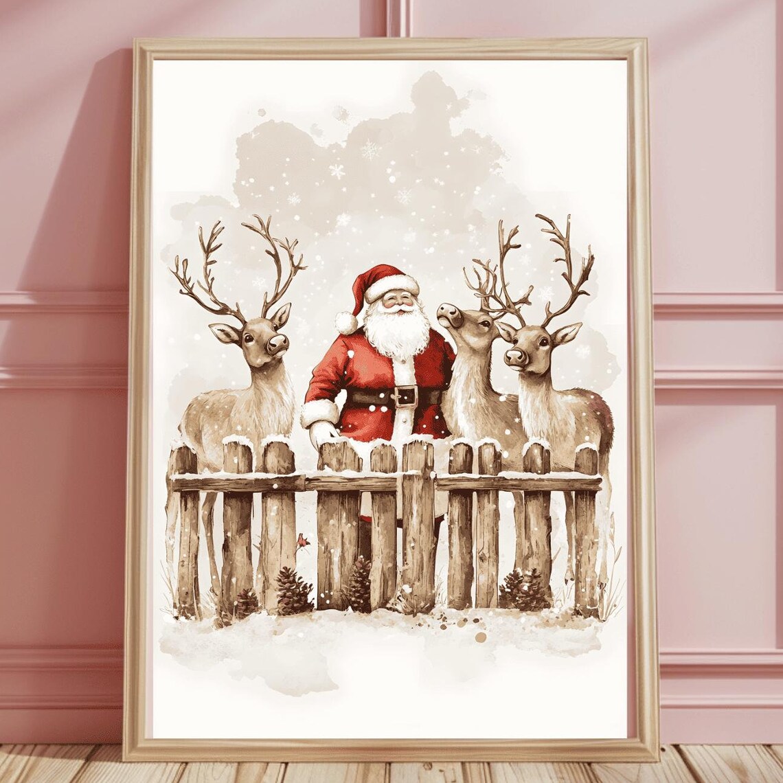 Gentle Santa Behind a Snowy Fence with Three Reindeer Art Print