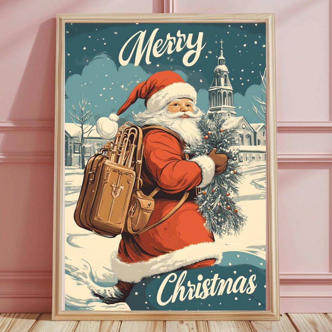 Mid-Century Santa with Luggage and Pine Branches Merry Christmas Art Print