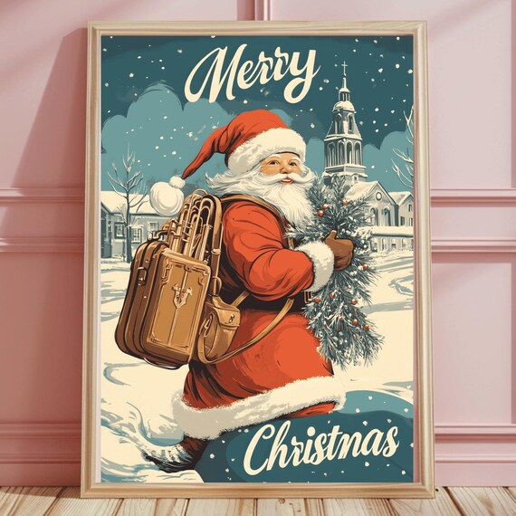 Mid-Century Santa with Luggage and Pine Branches Merry Christmas Art Print