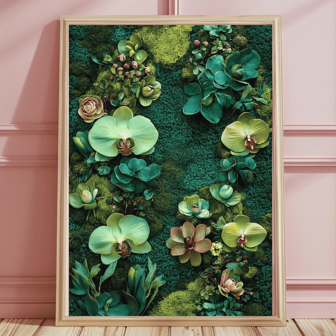 Green Orchids and Succulents on Teal Moss Wall Garden Poster
