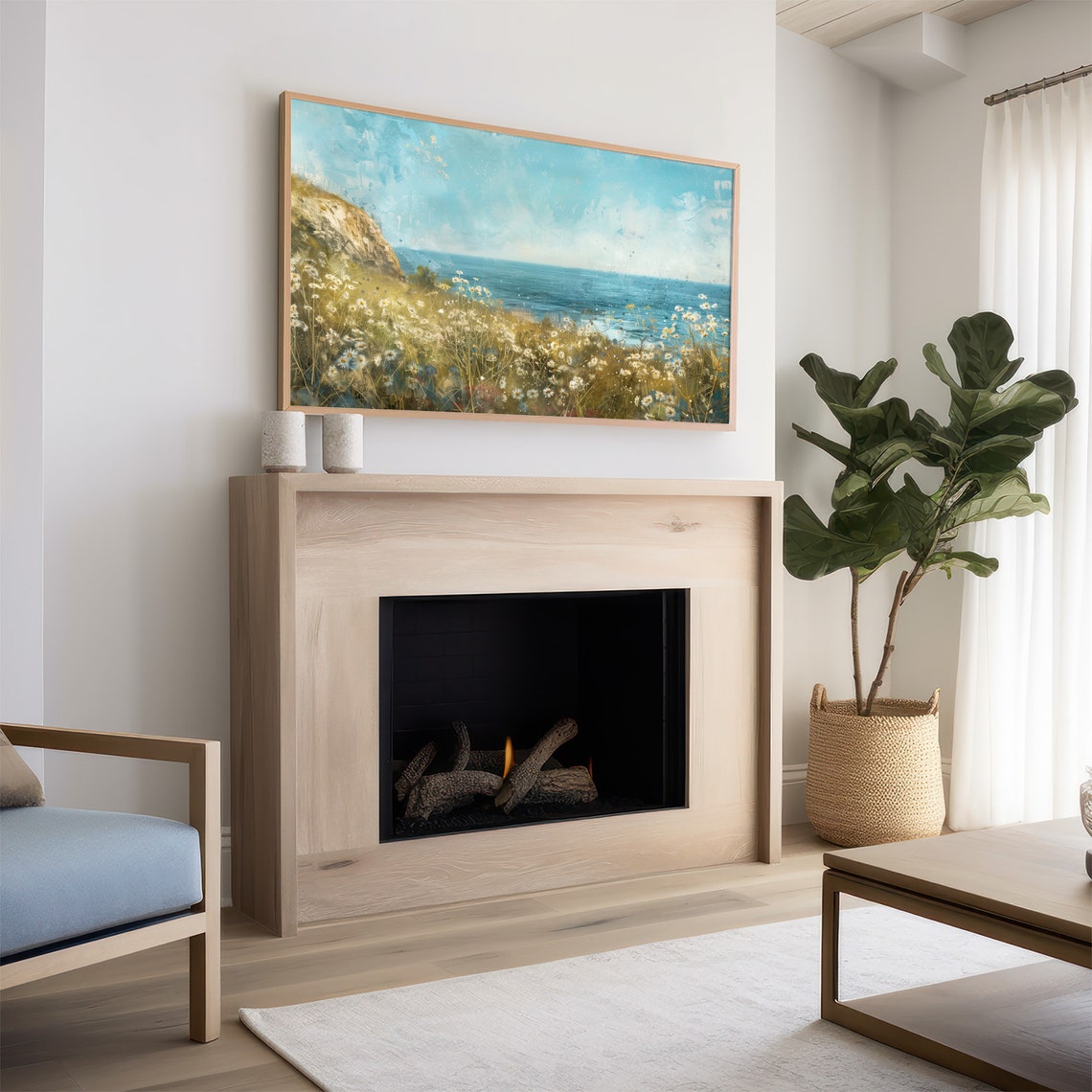 Coastal Daisies Meadow Cliff Overlooking Blue Sea Painting Poster - Image 2
