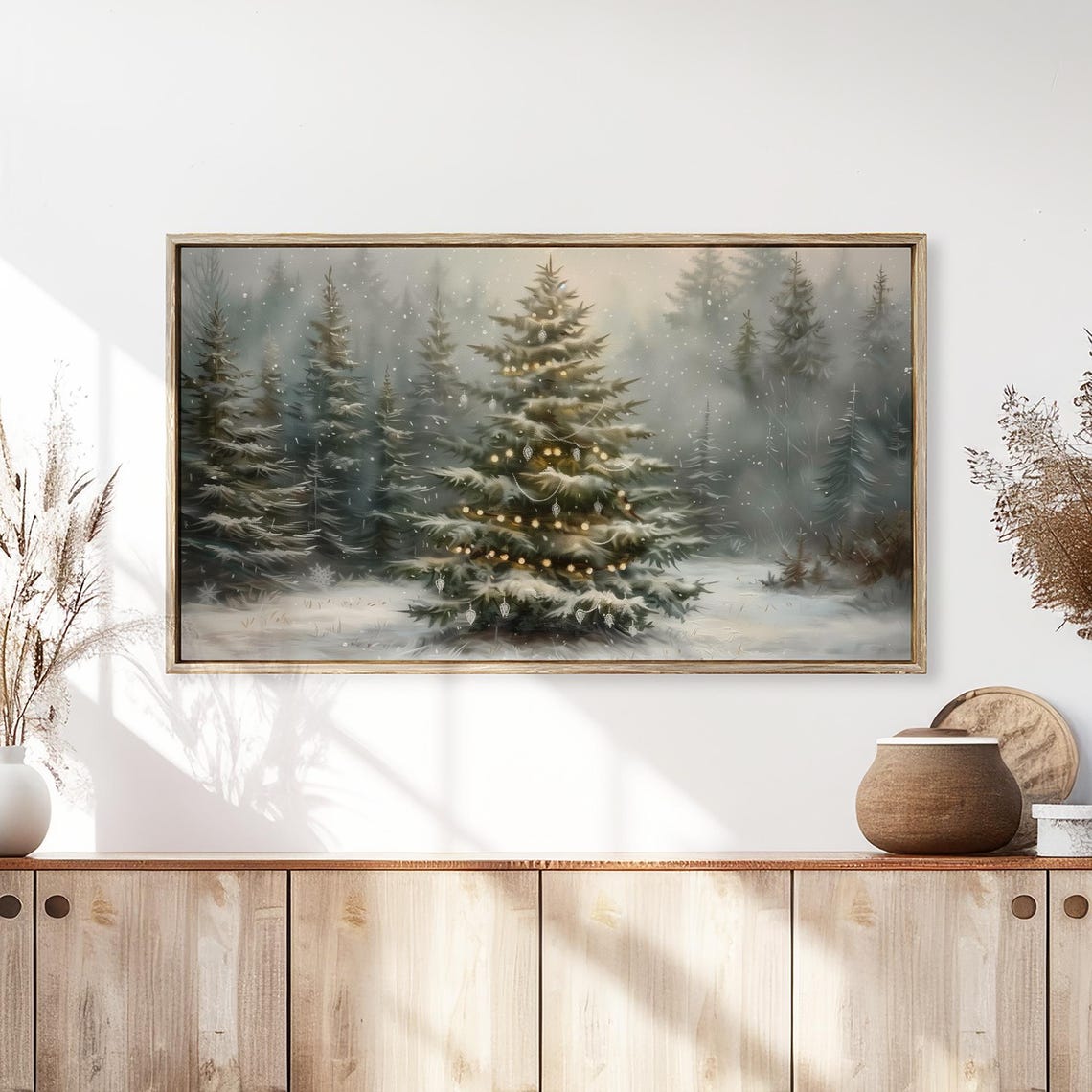 Snowy Christmas Tree Lights Misty Winter Forest Painting Poster - Image 3