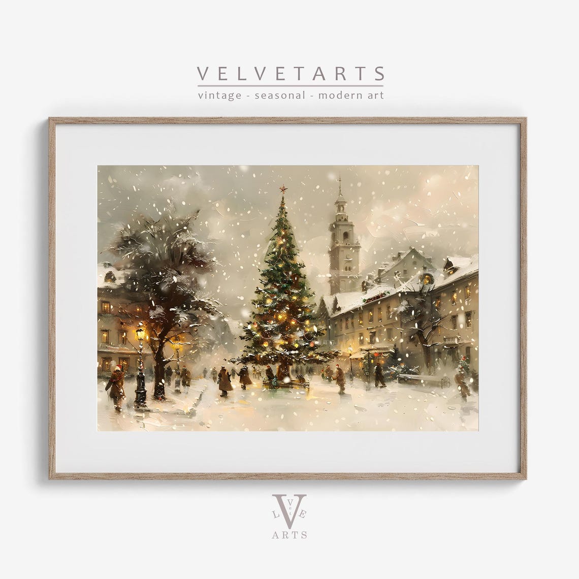 Snowy Village Square Christmas Tree Old Town Winter Wall Art Poster