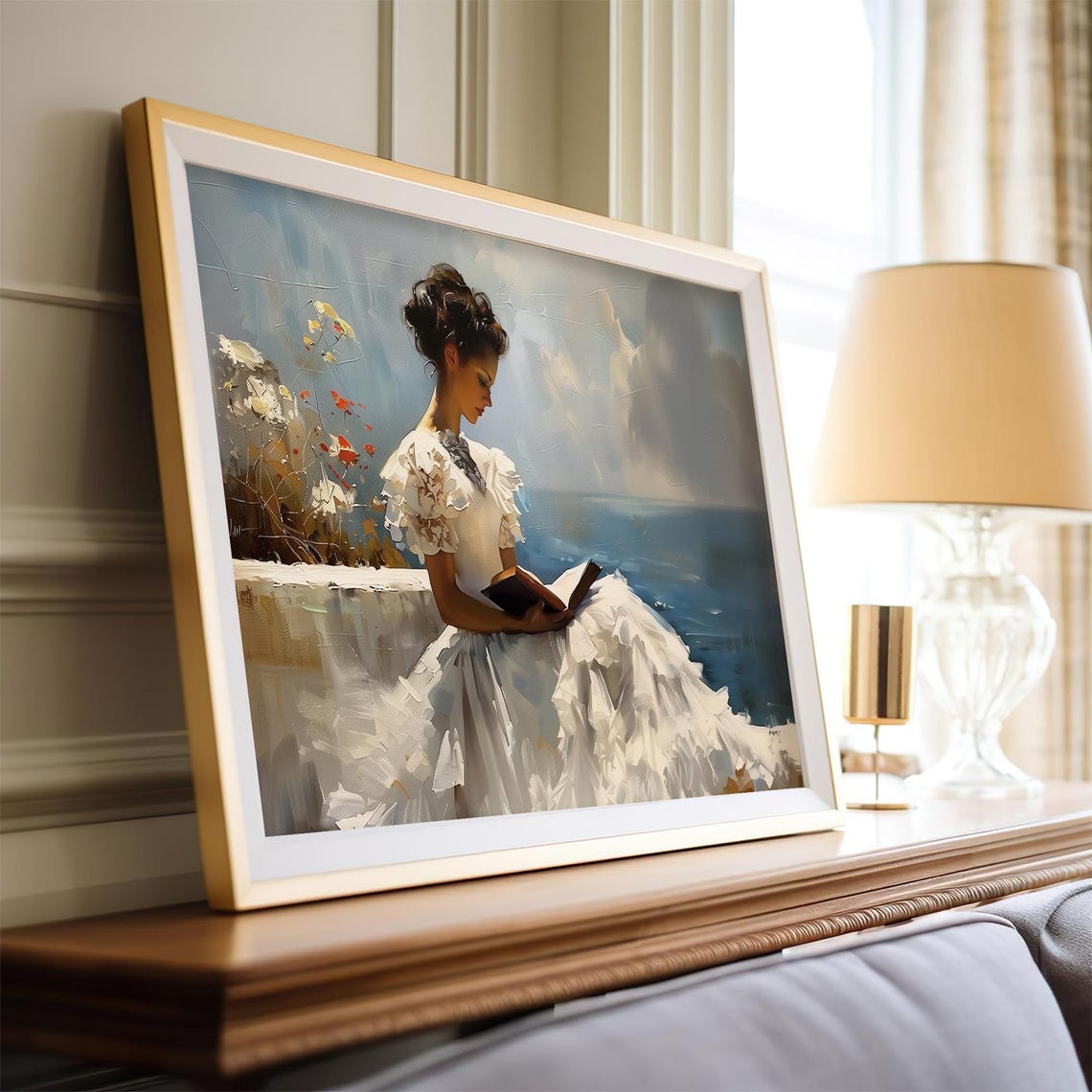 Woman In White Dress Reading Vintage Painting Neutral Antique Painting Farmhouse Art Vp0160