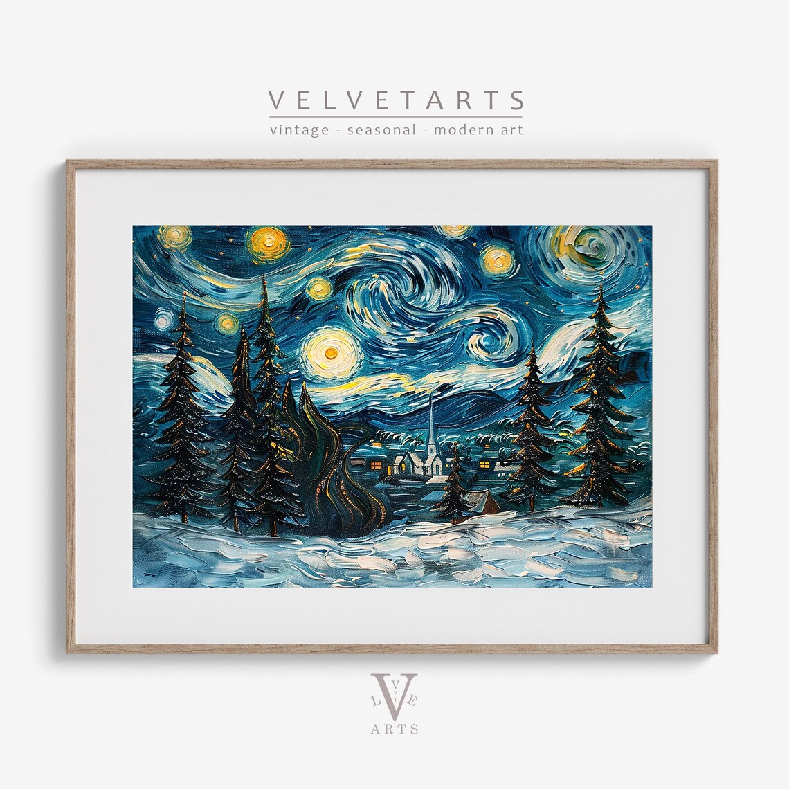 Starry Night Winter Village Church Swirling Sky Snow Wall Art Print