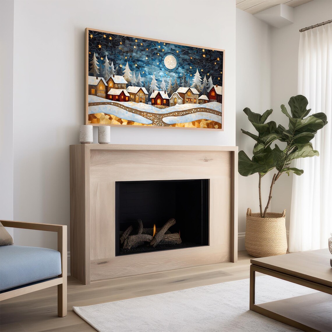 Frame Tv Art Mosaic Village Moonlit Sky Christmas Decor Winter Festive Painting Farmhouse Art Christmas Tv0196 - Image 2