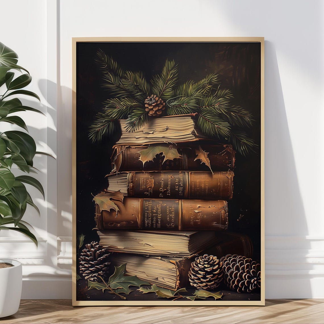 Antique Leather Books Stack Pine Cones Moody Winter Wall Art Print - Image 5
