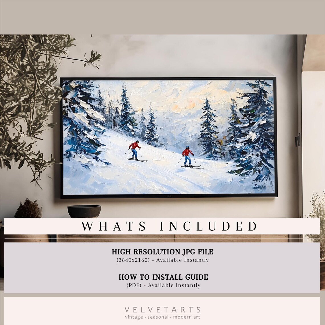Frame Tv Art Skiers On Snowy Mountain Christmas Decor Winter Festive Painting Farmhouse Art Christmas Tv0225 - Image 4