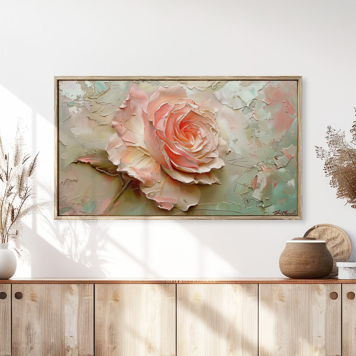 Peach Rose Elegance Textured Impasto Floral Painting Wall Art - Image 3