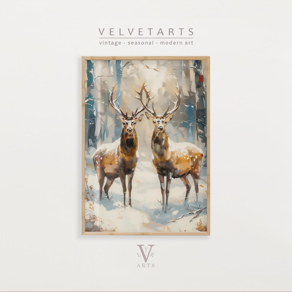 Two Stags Standing in a Misty Snowy Forest Vintage Art Poster