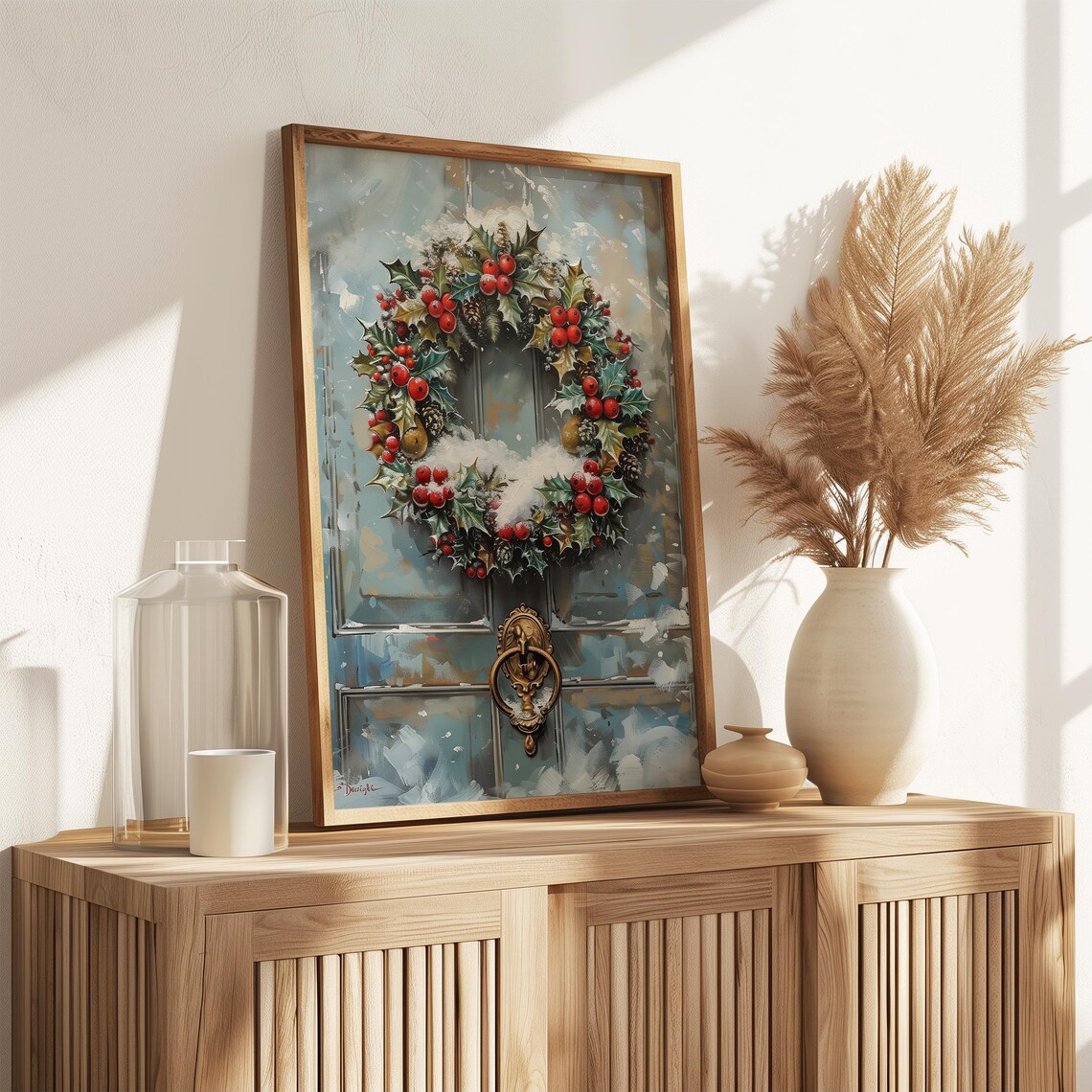 Christmas Wreath Holly Berries Blue Door Knocker Winter Wall Art Print - Image 3