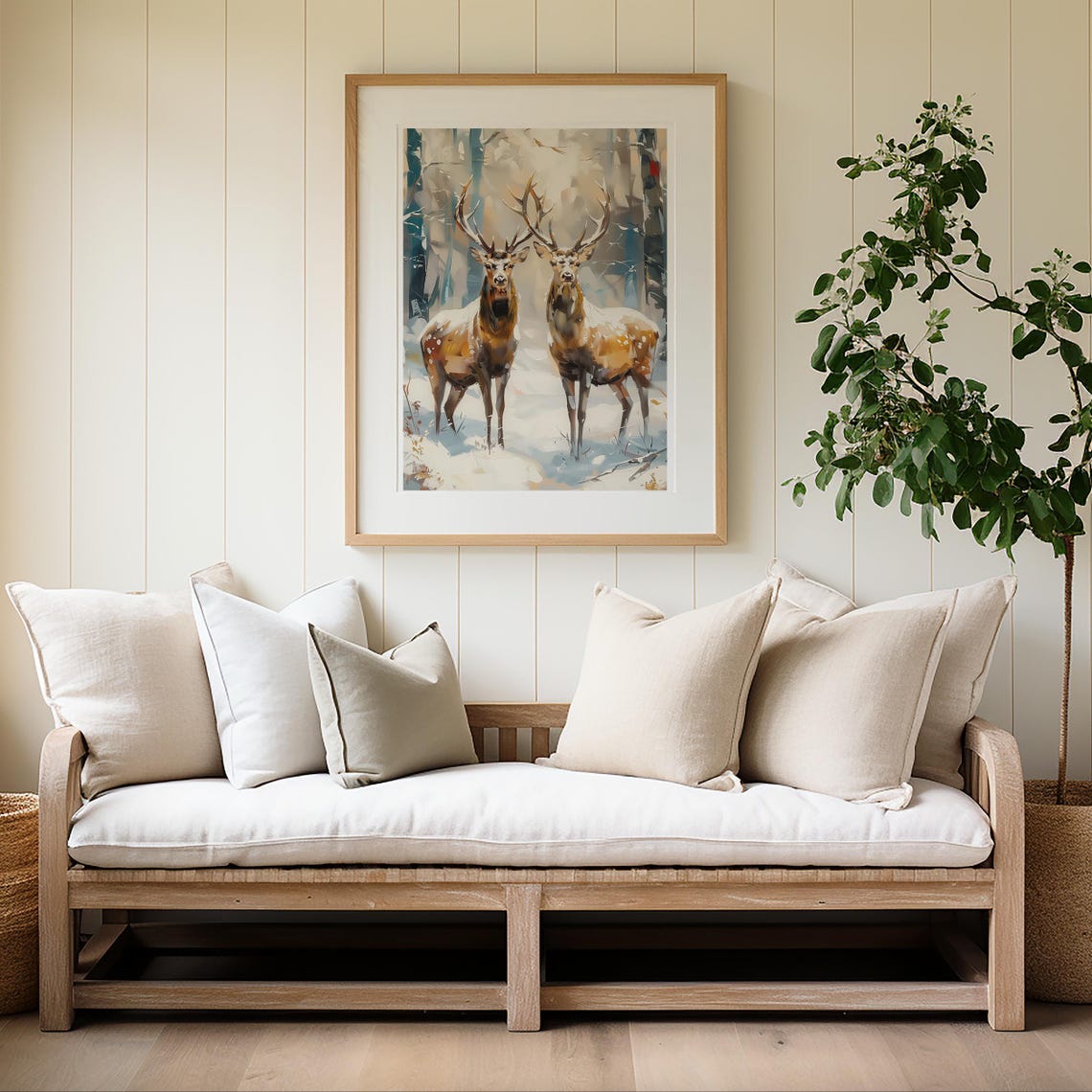 Two Stags Standing in a Misty Snowy Forest Vintage Art Poster - Image 4