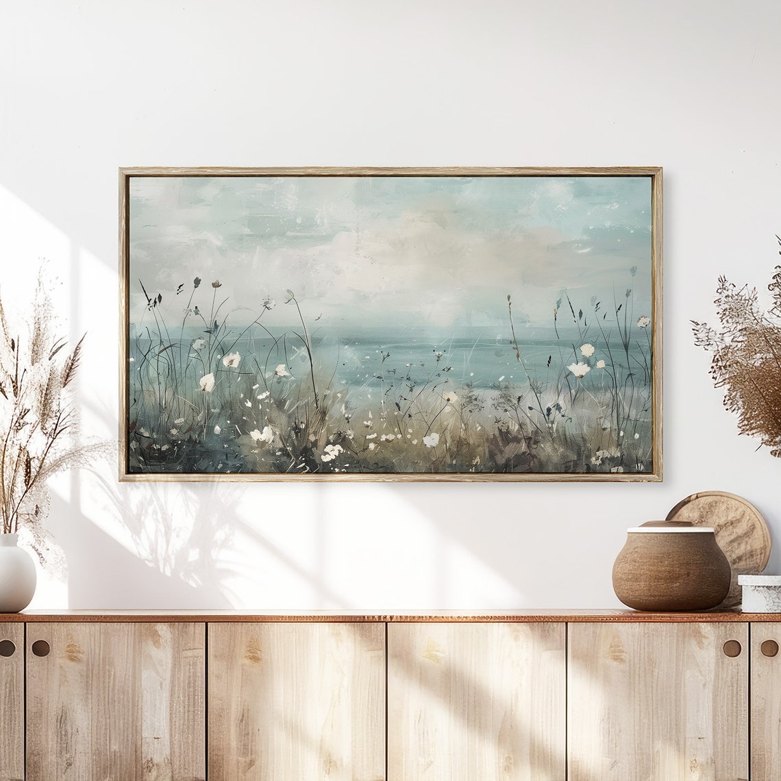 Coastal Wildflowers Muted Seaside Meadow Vintage Painting Wall Art - Image 3