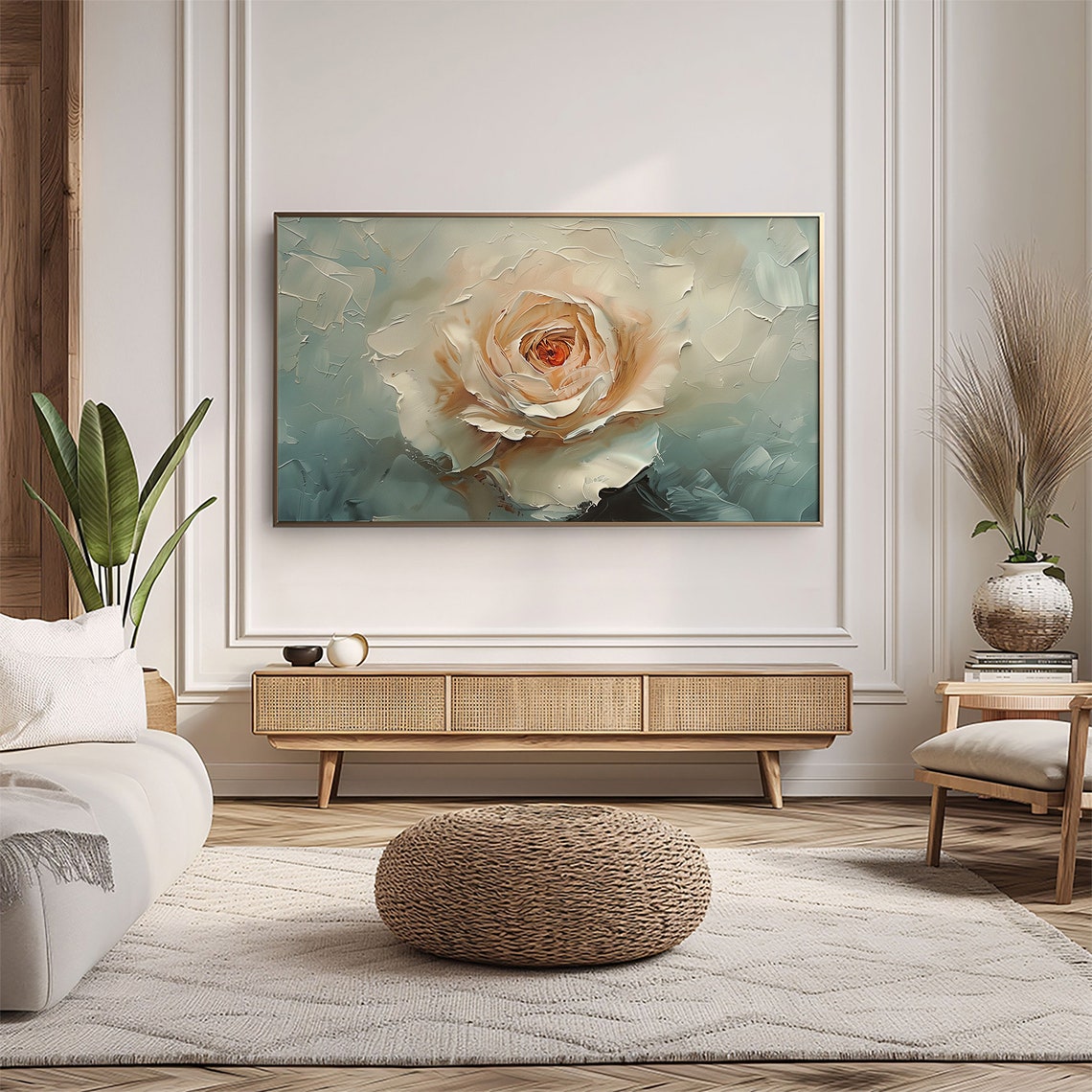 Cream Rose On Blue Grey Textured Vintage Floral Painting Wall Art - Image 5