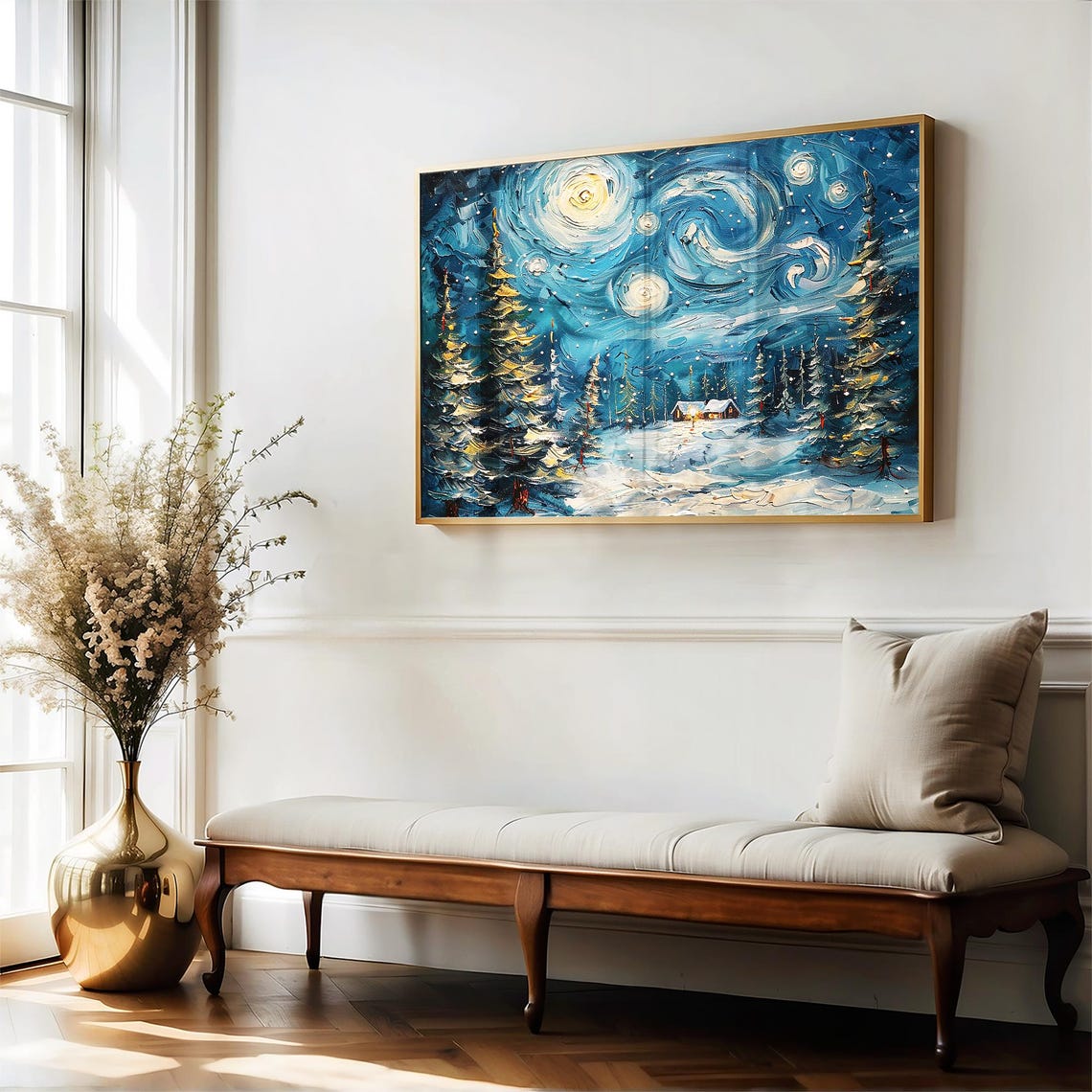 Starry Night Winter Cabins Snowy Pines Impasto Style Wall Art Print - Image 5
