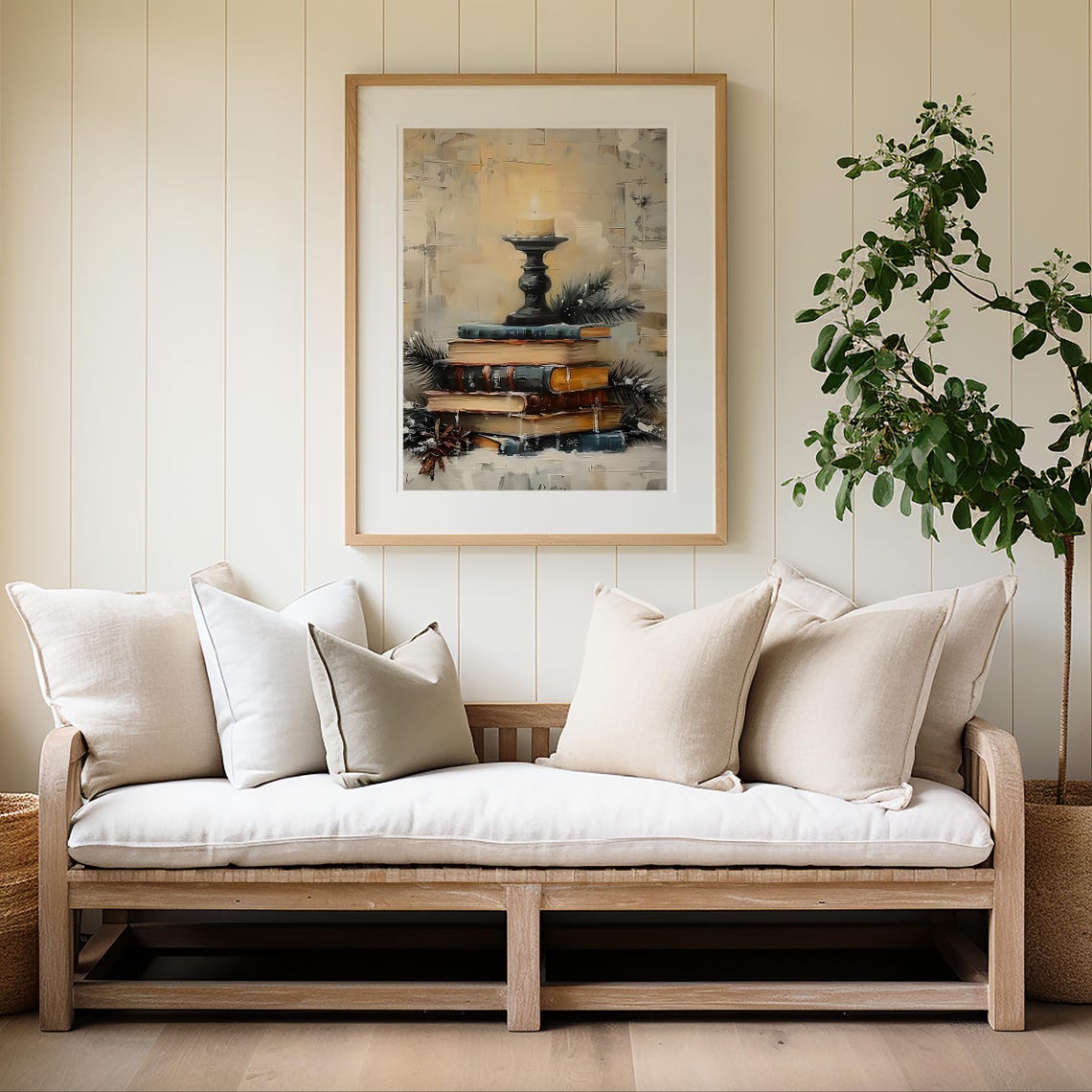 Lit Candle Antique Books Stack Winter Pine Vintage Wall Art Poster - Image 4