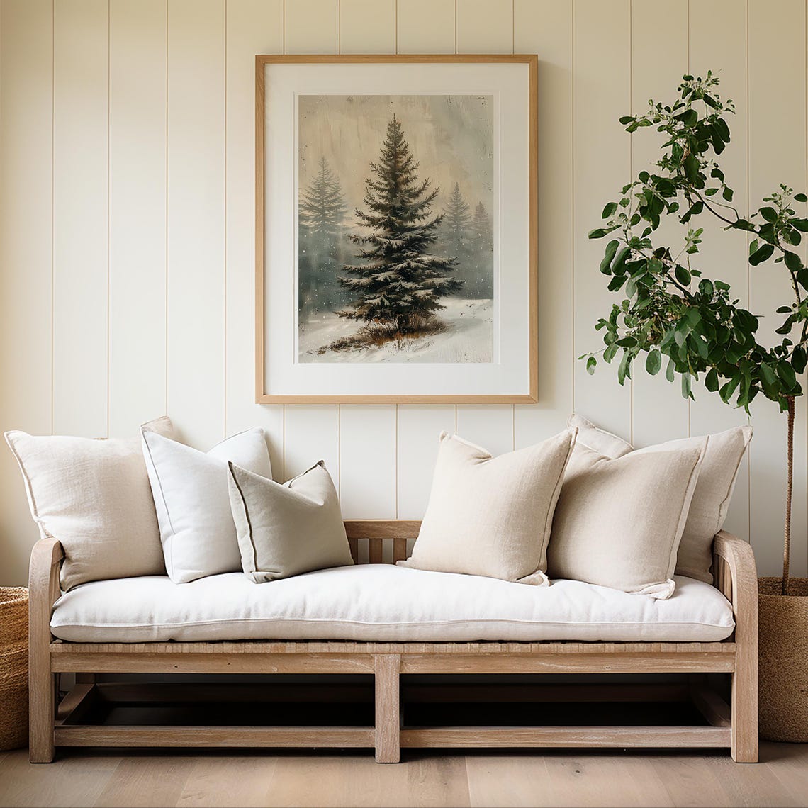 Solitary Snowy Evergreen Tree in Misty Winter Forest Art Poster - Image 4
