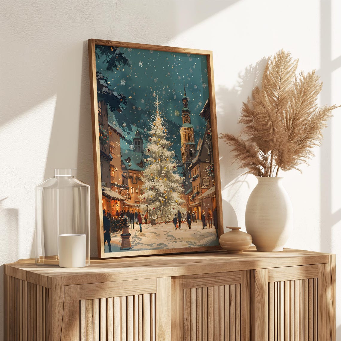 Snowy Christmas Village Square Night Tree Clock Tower Wall Art Print - Image 3