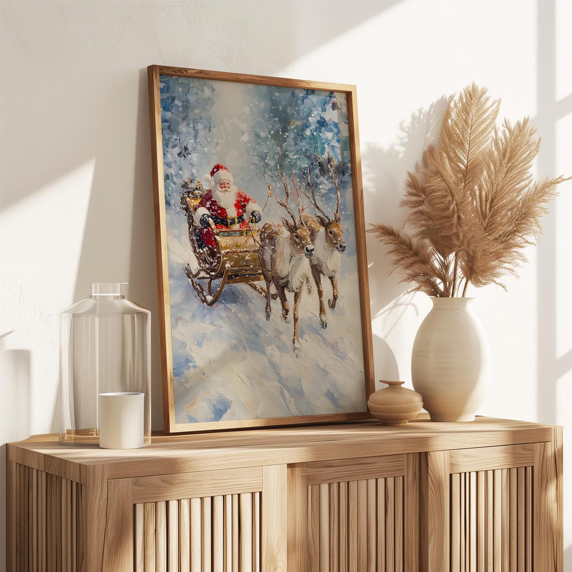 Santa Sleigh Two Reindeer Snowy Winter Flight Vintage Wall Art Print - Image 3