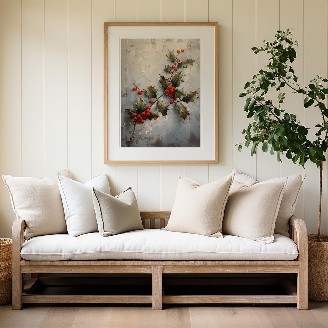 Red Holly Berries Branch White Winter Elegant Botanical Wall Art Print - Image 4