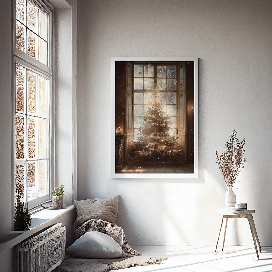 Christmas Tree In Window Glowing Lights Winter Night Painting Print - Image 2