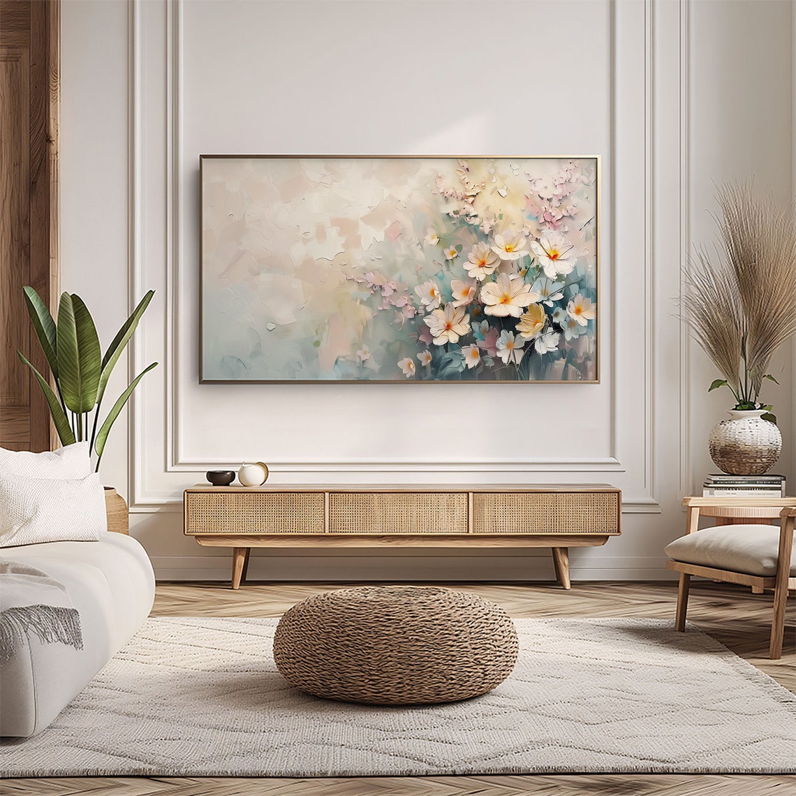 Spring White Cosmos Blossom Floral Impasto Painting Airy Wall Art - Image 5