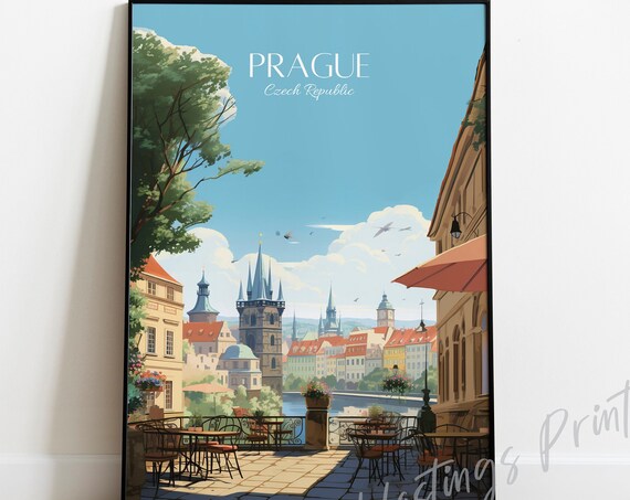 Prague Czech Republic Old Town Vintage Travel Poster Terrace Cafe