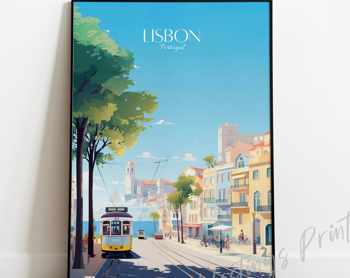 Lisbon Portugal Tram Waterfront Promenade Vintage Travel Poster