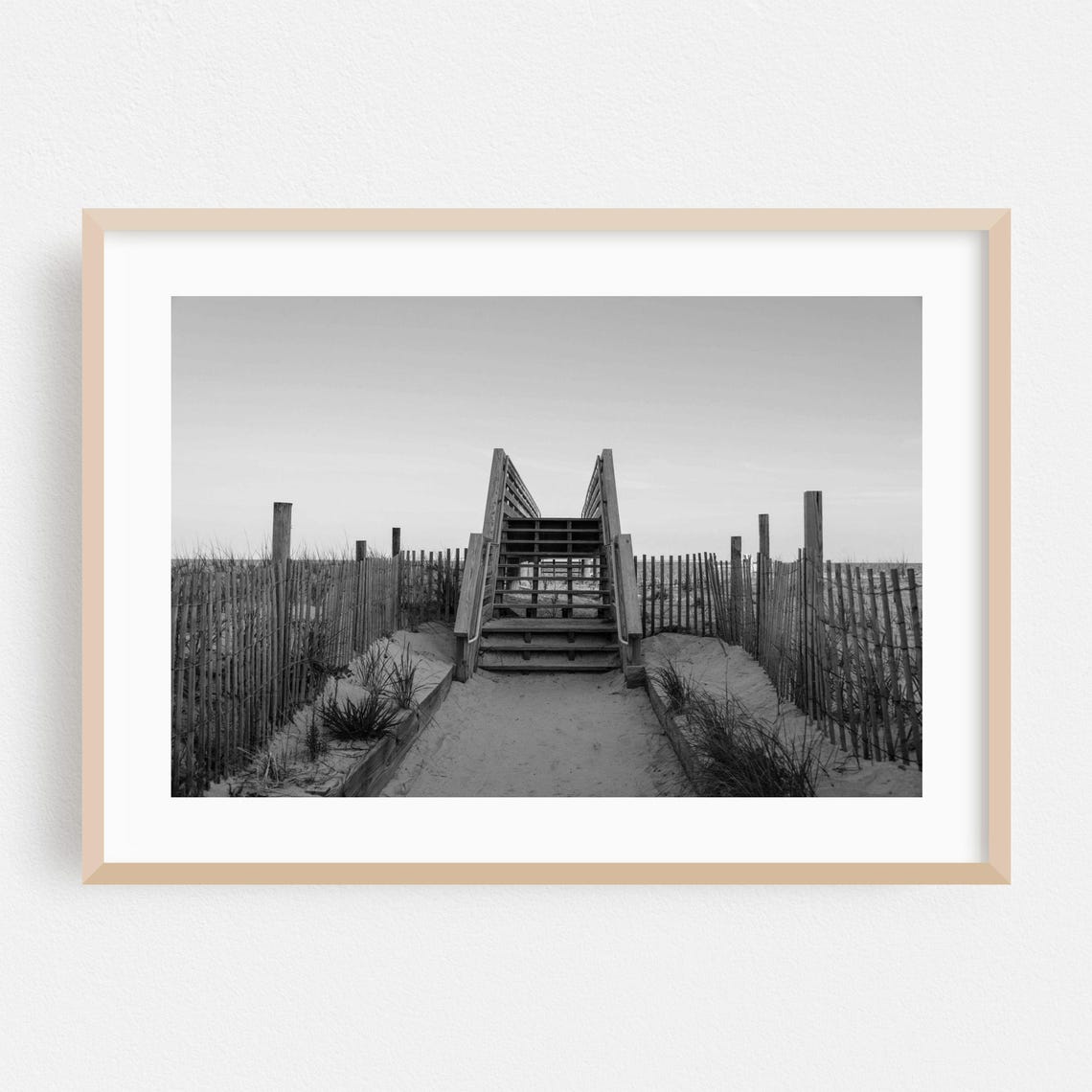 Black and White Beach Stairs Photography Poster Minimalist Dunes Scene