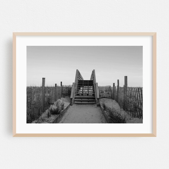 Black and White Beach Stairs Photography Poster Minimalist Dunes Scene