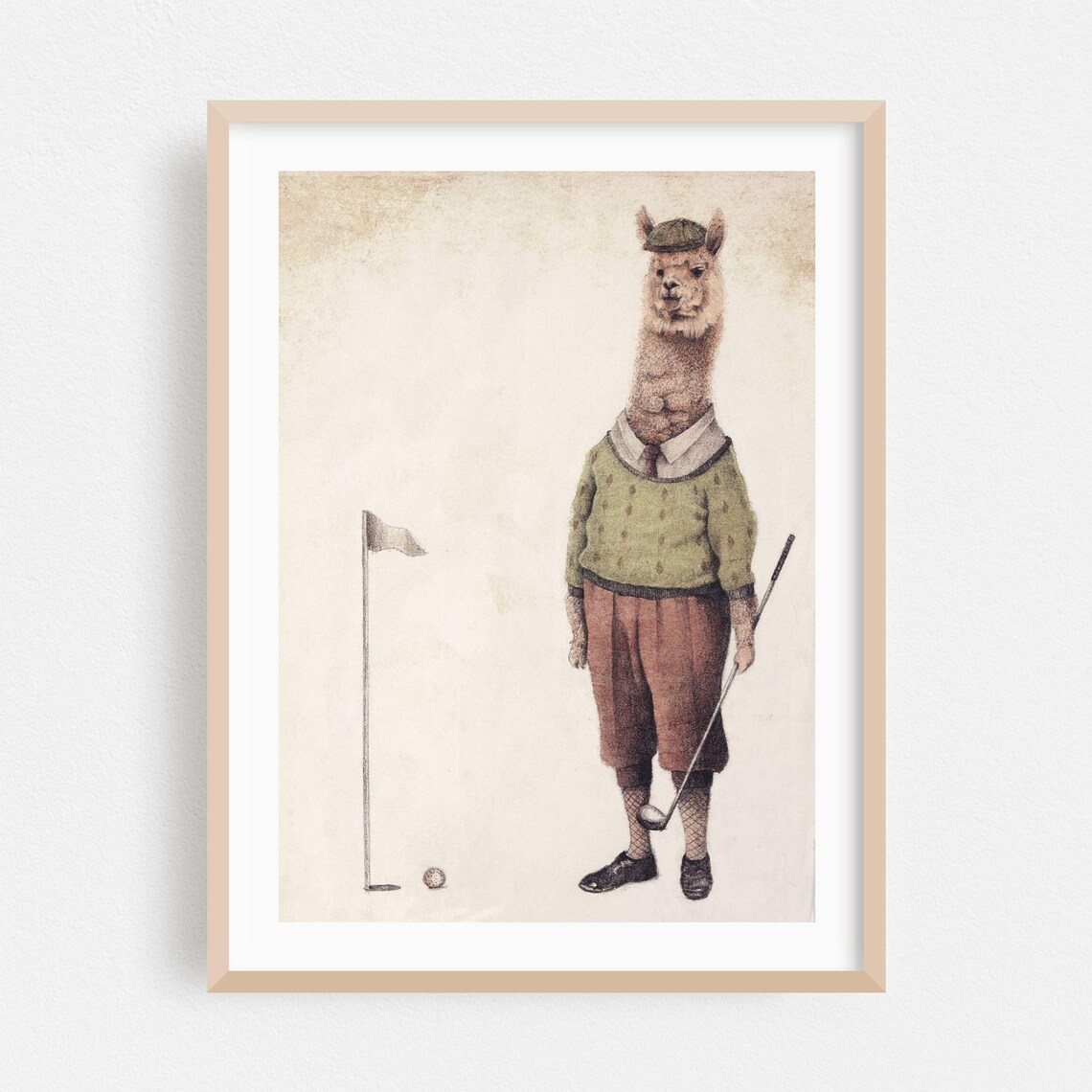 Alpaca Golfer Vintage Golf Illustration Poster with Club and Flagstick